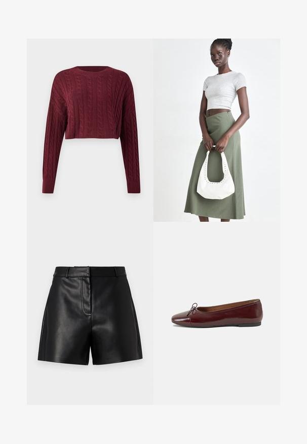 Burgundi vörös cropped pulóver kábel kötés mintával, hosszú ujjú, bordás gallérral és mandzsettával, texturált anyaggal.; Fekete bőr sort sima textúrával, fitted derékkal, elülső varrási részletekkel és oldalsó hasítékokkal a még nagyobb stílus érdekében.; Burgundi lakkbőr balettcipő kerek orral, elöl kis masni díszítéssel és alacsony, fekete gumi talppal. Simára csiszolt felület.; Szürke bordázott cropped top és olajzöld, magas derékú szoknya. A modellen egy fehér válltáska van, amely kivágott részletekkel rendelkezik. Egyszerű dizájn, testhezálló sziluett.