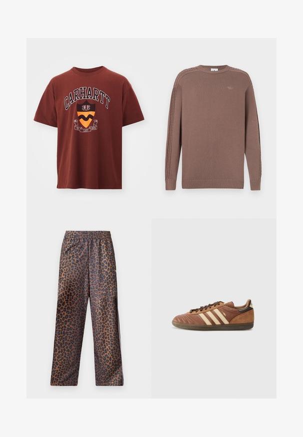 Brown knitted sweater with a round neckline, ribbed hem, and textured braid details along the shoulders. Features a small logo on the chest.; Maroon cotton t-shirt with short sleeves. Features a graphic print including "Carhartt" text and a shield design in orange and black.; Leopard print pants with an elastic waistband. Made from a shiny fabric, featuring a brown base with black spots and a loose fit design.; adidas Originals SAMBA UNISEX - Trainers - preloved brown/sand strata/dark brown