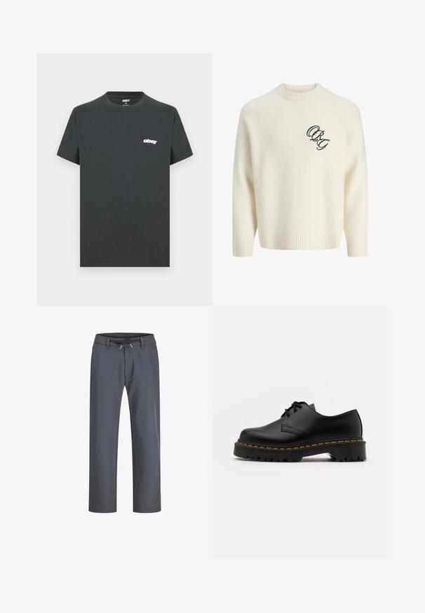 Cream-colored knitted sweater with ribbed cuffs and hem, featuring an embroidered black logo on the front left. Round neck, relaxed fit.; Black cotton T-shirt with short sleeves, crew neck, and white "obey" logo on the left chest. Smooth texture, regular fit design.; Gray, elastic waistband pants with a drawstring. Straight leg design, made from smooth fabric, feature minimal stitching and no visible hardware.; Black leather lace-up shoe with a rounded toe, textured rubber sole, and yellow stitching around the base. Flat design and smooth finish.