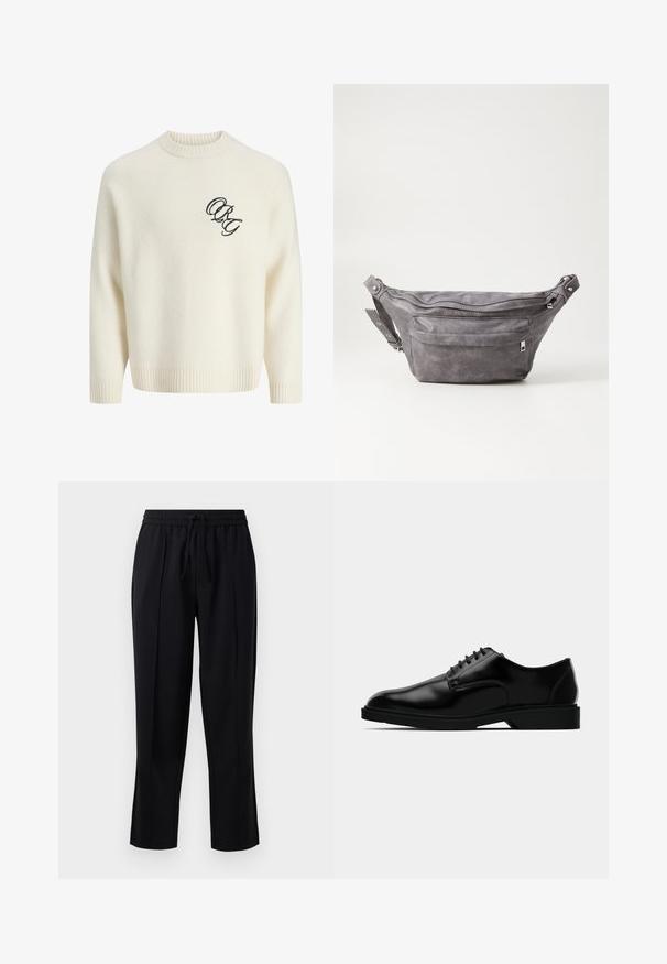 Pull en tricot de couleur crème avec des poignets et un ourlet côtelés, arborant un logo noir brodé sur le devant à gauche. Encolure ronde, coupe décontractée.; Pantalons noirs en tissu doux et léger. Présentent une taille élastique avec cordon de serrage, un design à jambe droite et des plis à l'avant.; Chaussure habillée en cuir noir avec une finition lisse, bout rond, système de laçage, et semelle en caoutchouc discrète pour une meilleure traction.; Sac banane en suède gris avec une forme arrondie, deux compartiments zippés et une sangle réglable. Comprend des accents en métal.