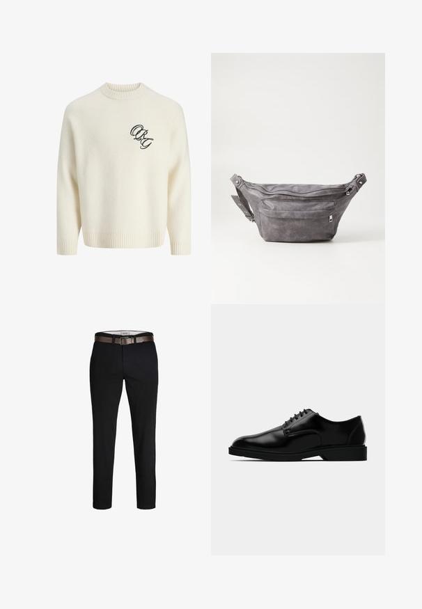 Pull en tricot de couleur crème avec des poignets et un ourlet côtelés, arborant un logo noir brodé sur le devant à gauche. Encolure ronde, coupe décontractée.; Pantalon en coton noir avec une coupe droite, doté d'une ceinture en cuir marron et d'une texture lisse. Design simple, sans motifs ni accents visibles.; Chaussure habillée en cuir noir avec une finition lisse, bout rond, système de laçage, et semelle en caoutchouc discrète pour une meilleure traction.; Sac banane en suède gris avec une forme arrondie, deux compartiments zippés et une sangle réglable. Comprend des accents en métal.