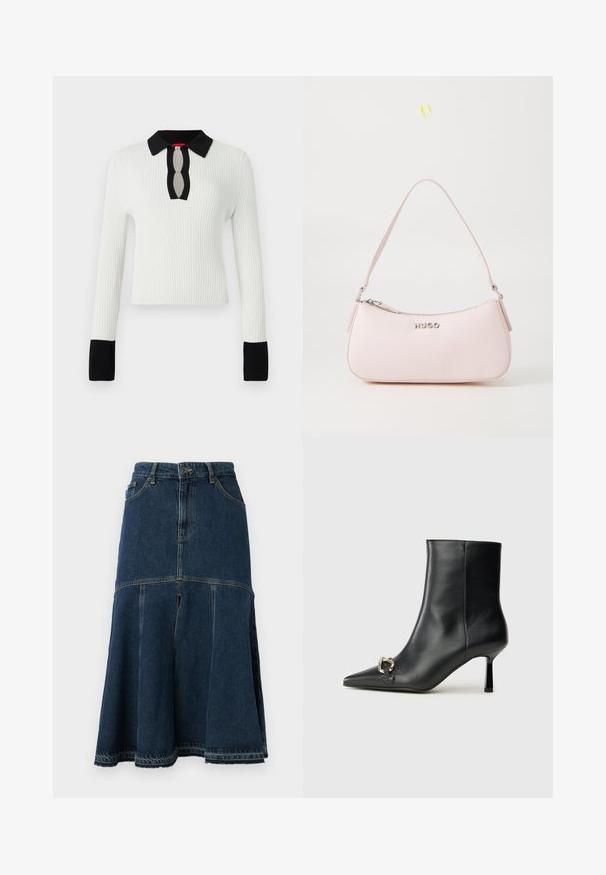 Baltas ribotas megztinis su juodu apykakle ir rankogaliais, su rakto skylutės iškirpte. Ilgos rankovės ir prigludęs dizainas.; Tamsiai mėlynas džinsinis sijonas su išplėstine forma, aukštu juosmeniu, priekinėmis kišenėmis ir neapdorotu apvadu. Nusidėvėjęs tekstūros ir siuvimo detalės.; Juodas odinis apavas iki kulkšnies su smailiu nosiu, plonu vidutinio aukščio kulnu ir sidabriniu sagties akcentu šone, prieš paprastą foną.; Rožinės odos rankinės su išlenkta forma, užtrauktuku uždarymu ir petine juosta. Priekyje yra sidabrinis logotipas.