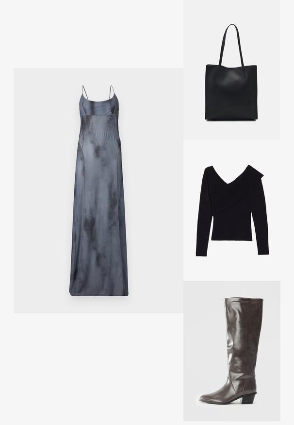 Even&Odd Jumper - black; Long, satin slip dress in a muted gray color with thin straps, featuring curved seam details and a smooth, slightly reflective texture.; Tall women's dark gray leather boot with a mid heel and rounded toe, shown from the side on a white background.; Black leather tote bag with smooth texture, rectangular shape, and two long handles. No visible hardware or embellishments.