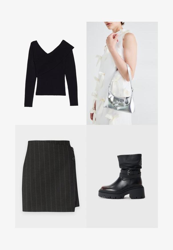 Even&Odd Pullover - black; Jupe noire à rayures avec une coupe ajustée, dotée d'un design enroulé asymétrique et de deux boutons à la taille pour la fermeture.; Bottine en cuir noir avec une tige décontractée, détail de boucle et semelle épaisse et robuste. Elle présente un bout rond et une texture lisse.; Sac à main métallisé argenté au design structuré, avec une poignée supérieure et un détail en nœud sur le devant. Texture lisse, fini réfléchissant.