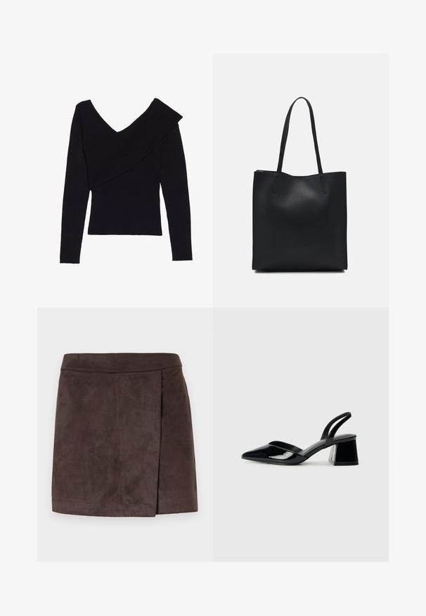 Even&Odd Stickad tröja - black; Brun faux suede minikjol med en slät yta, som har en sidofållsdetalj, rak fåll och en figurnära midja.; Svarta lackläder slingback klackar med spetsig tå och geometrisk klack. Har en elegant, minimalistisk design och slät yta.; Svart lädertoffelväska med slät textur, rektangulär form och två långa handtag. Ingen synlig hårdvara eller dekorationer.