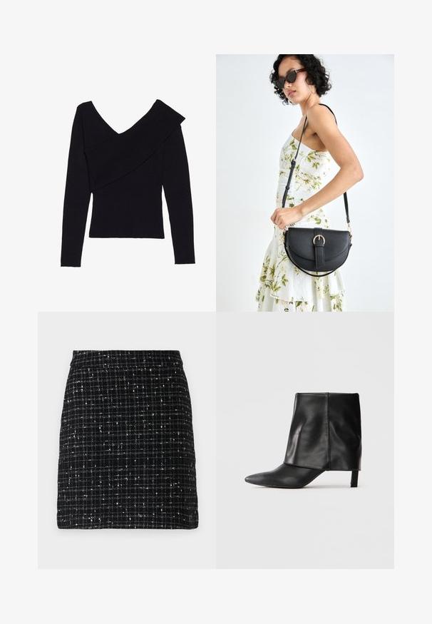 Even&Odd Pulóver - black; Fekete tweed mini szoknya kockás mintával, fehér szálakkal szőve, egyenes szabással és látható fémalkatrészek nélkül.; Fekete bőrből készült, középmagas szárú csizma, hegyes orral, hajtott felső résszel és karcsú, alacsony sarokkal, fehér háttér előtt.; Fekete bőrtáska ívelt formával, levehető pánttal és arany színű fémrészekkel. A táskán egy csattal díszített fedél található.