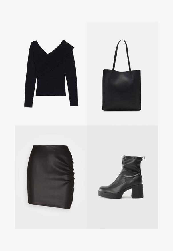 Even&Odd Pulover - black; Črna mini krila iz gladkega sintetičnega materiala, ki vključuje naborke na eni strani in prilegajočo silhueto.; Črne gležnjarje iz gladke kože z božnim zadrgo, masivnim teksturiranim peto in zaobljeno obliko prstov.; Črna usnjena torba s svilnato teksturo, pravokotne oblike in dvema dolgima ročajema. Brez vidnih metalnih delov ali okrasnih elementov.