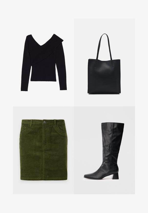 Even&Odd - Sweter; Ciemnozielona spódnica z korduroju o prostym kroju, z pięcioma kieszeniami i metalowym zapięciem na guzik w talii.; Czarny skórzany botek do połowy łydki z ostrym noskiem i słupkowym obcasem na jednolitym jasnym tle.; Czarna skórzana torba tote o gładkiej fakturze, prostokątnym kształcie i dwóch długich uchwytach. Brak widocznych elementów metalowych i ozdób.