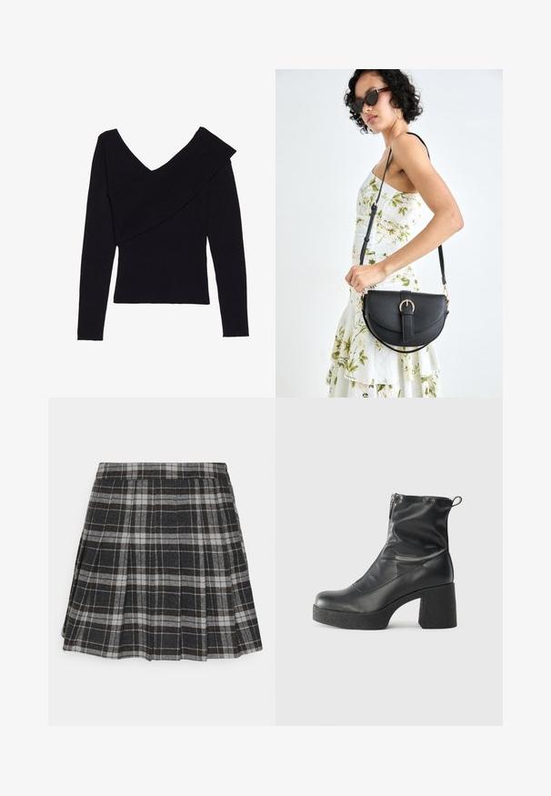 Even&Odd - Sweter; ONLY ONLCHELSEA czarny; Czarne botki za kostkę wykonane z gładkiej skóry, wyposażone w boczny zamek błyskawiczny, masywny teksturowany obcas oraz zaokrąglony czubek.; Czarna skórzana torebka o zakrzywionym kształcie, z odpinanym paskiem i złotymi akcentami. Torebka posiada klapę z zapięciem w kształcie klamry.