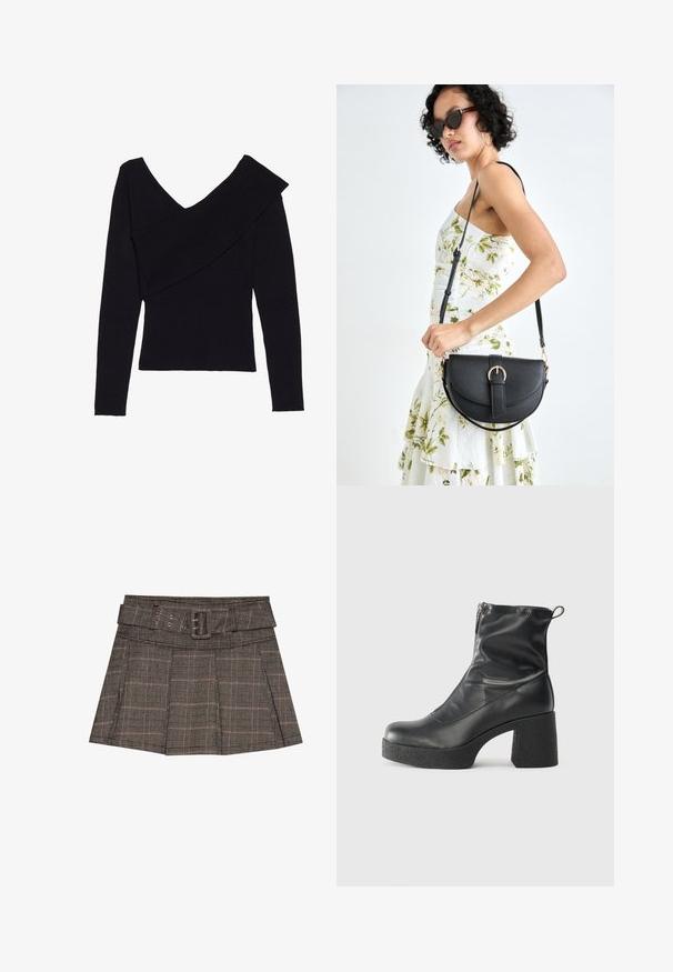 Even&Odd Maglione - black; Gonna mini a quadri in nero, marrone e beige. Presenta una vita con cintura, pieghe e un tessuto testurizzato con un motivo geometrico.; Stivali neri alla caviglia in pelle liscia, con zip laterale, tacco spesso e texture, e punta arrotondata.; Borsa a tracolla nera in pelle con una forma curva, manico rimovibile e accessori dorati. La borsa presenta una patta con un dettaglio a fibbia.