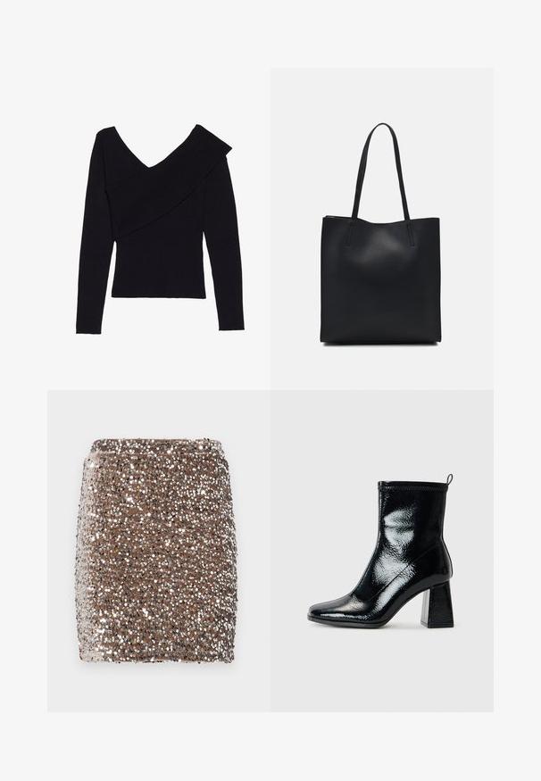 Even&Odd Džemperis - black; Ruda mini sijonas su blizgučiais, prigludusio dizaino, padengtas atspindinčiais sidabro blizgučiais, sukuriantis tekstūrinį, blizgantį efektą.; Juodas patentuotas kulkšninis botą su kvadratiniu pirštu ir stambiu geometriniu kulnu. Pristatomas lygus, blizgus paviršius ir užpakalinė kilpa, skirta patogiam apsiaustimui.; Juodas odinis tote krepšys su lygia tekstūra, stačiakampio formos ir dviem ilgais rankenomis. Matomų metalinių detalių ar puošybos nėra.