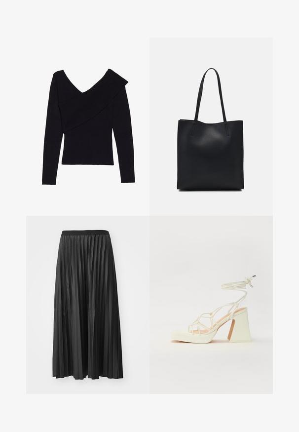 Even&Odd Camisola - black; Saia maxi pregueada preta com uma textura suave e cintura elástica, apresentando pregas verticais que criam volume e movimento.; Sandálias brancas de salto alto com um salto robusto, apresentando um design com tiras e amarração no tornozelo. Textura suave com uma plataforma na frente para altura adicional.; Bolsa tote preta em couro com textura lisa, forma retangular e duas alças longas. Sem hardware ou enfeites visíveis.