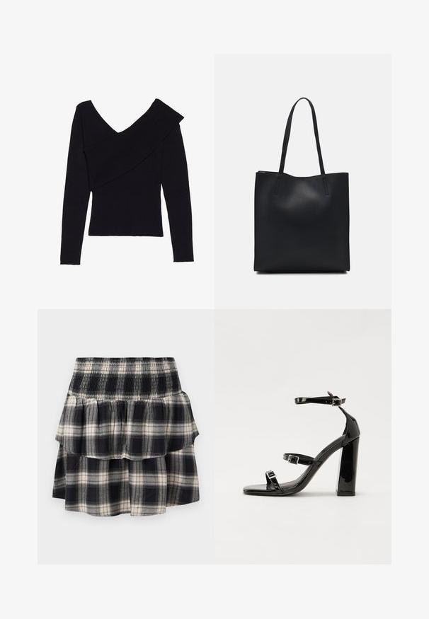 Even&Odd Strikkegenser - black; Svart og hvit rutete lagdelt skjørt med smocket midje. Har volanger og en myk bomullstekstur.; Svart høyglans sandaler med hæl, firkantet tå, ankelremmer og sølvspenner. Har en kraftig blokkhæl for stabilitet.; Svart lær tote bag med glatt tekstur, rektangulær form og to lange håndtak. Ingen synlige deler eller dekorasjoner.