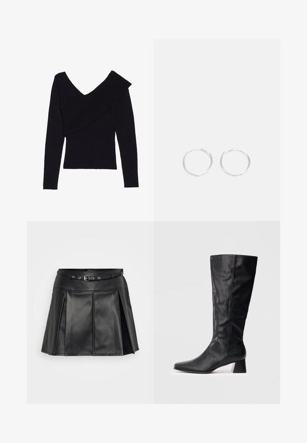 Even&Odd Pulover - black; Fustă din piele sintetică neagră, cu o talie ajustată, curea reglabilă și design plisat. Prezintă o textură netedă și o croială adaptată.; Boot din piele neagră, până la jumătatea gambei, cu vârf ascuțit și toc pătrat, pe un fundal luminos simplu.; Cercei din argint cu un design elegant și rotund, având o suprafață netedă și fără embellismente vizibile. Diametrul nu este specificat.