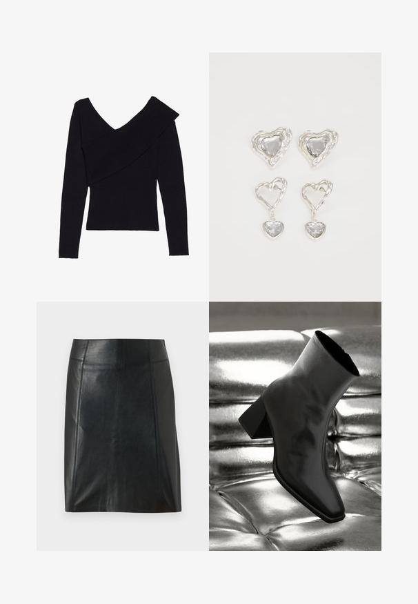 Even&Odd Jumper - black; Black leather skirt with a fitted design. Smooth texture, seams outlining shape, and a straight hem. Minimalistic and sleek appearance.; Black ankle boot made of glossy material with a square toe and tapered heel, set against a shiny silver tufted background.; Silver heart-shaped earrings feature faceted clear stones, with a textured frame. The set includes stud and drop styles.