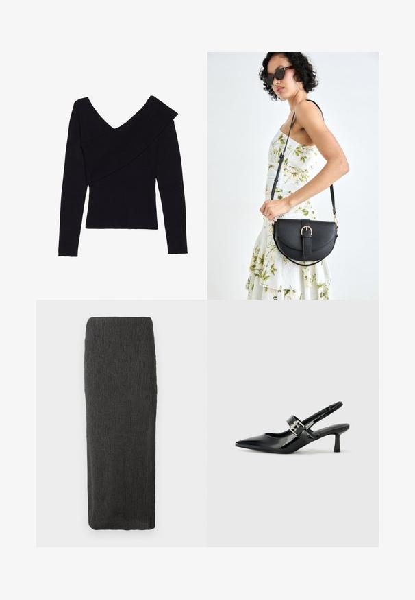 Even&Odd Svetr - black; Dlouhá, rovná černá sukně s texturou, vysokým pasem a mírným zúžením ke spodnímu okraji na bílém pozadí.; Černé lakované boty na podpatku typu slingback s špičatou špičkou a malým blokovým podpatkem, které mají na pásku stříbrný přezkový akcent.; Černá kožená kabelka s křivkovým tvarem, odnímatelným popruhem a zlatými detaily. Kabelka má klopu s přezkou.