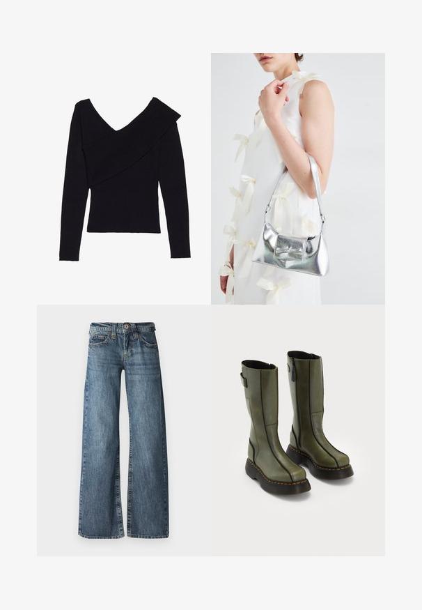 Even&Odd Trui - black; Lichtblauwe broek met wijde pijpen, gemaakt van denim. Beschikt over een vijf-pocket ontwerp, riemlussen en een vervaagd textuur. Rechte snit van taille tot zoom.; Een paar olijfgroene leren laarzen tot halverwege de kuit met zwarte dikke zolen en oranje stiksels, voorzien van zijritsen en een banddetail aan de bovenkant van de achterkant.; Zilveren metallic handtas met een gestructureerde vorm, voorzien van een bovenhandvat en een strikdetail aan de voorkant. Gladde textuur, reflecterende afwerking.; Zilveren oorbellen in de vorm van een gladde, gepolijste ring. Ronde vorm met een veilige kliksluiting. Lichtgewicht ontwerp, geschikt voor dagelijks gebruik.