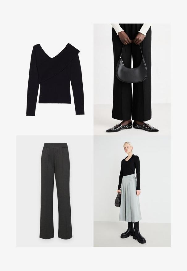 Even&Odd Pullover - black; Pantalons droits noirs avec une taille élastique, des plis avant, un tissu doux et sans motifs ni détails matériels visibles.; Haut noir à manches longues, jupe plissée gris clair avec détails à double boucle, et bottes noires à semelle épaisse ; sac à main argenté avec embellissements.; Sac à main en cuir noir avec une forme arrondie, finition brillante et quincaillerie en argent. Personne portant un pantalon large noir et des mocassins cloutés.