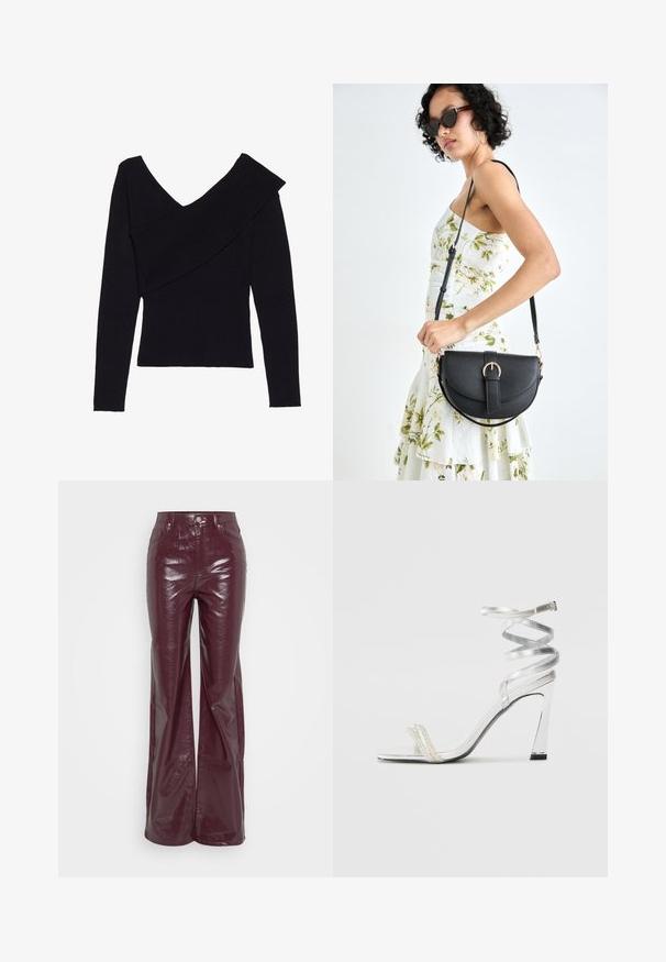 Even&Odd Džemperis - black; Aukšto liemens, burgundiškos spalvos dirbtinės odos kelnės su platėjančiomis kojomis, priekiniais mygtukais ir kišenėmis, pristatomos ant balto fono.; Sidabrinė aukšto kulno sandalai su blizgiu diržo dizainu, featuring perlo panašus akcentas ir spiralinė kulkšnies dirželis saugiam prisitaikymui.; Juodas odinis krepšys su išlenkta forma, nuimamu dirželiu ir auksiniais detalėmis. Krepšys turi kilpą su sagtimi.