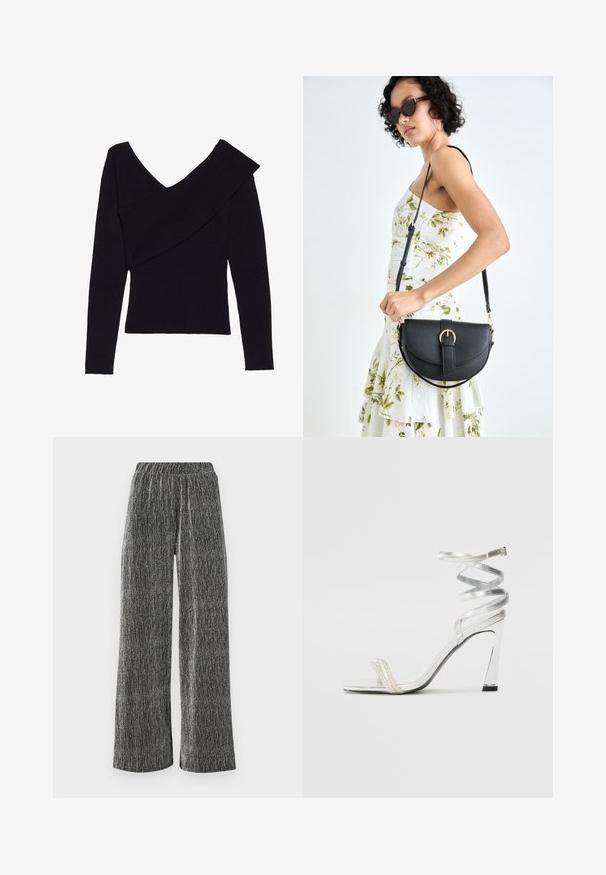 Even&Odd Džemperis - black; Plačios kelnės juodos ir sidabrinės tekstūros medžiagoje, su prigludusia elastine juosta ir vertikaliomis juostelėmis.; Sidabrinė aukšto kulno sandalai su blizgiu diržo dizainu, featuring perlo panašus akcentas ir spiralinė kulkšnies dirželis saugiam prisitaikymui.; Juodas odinis krepšys su išlenkta forma, nuimamu dirželiu ir auksiniais detalėmis. Krepšys turi kilpą su sagtimi.