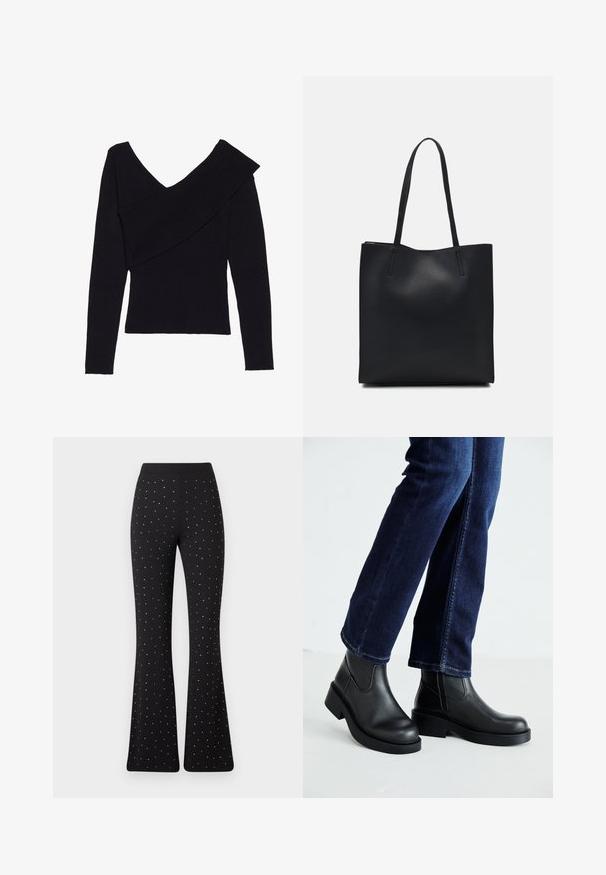 Even&Odd Pullover - black; Pantalons noirs évasés avec de petits pois blancs répartis uniformément et une ceinture simple sur fond blanc.; Bottines en cuir noir avec une semelle épaisse et des panneaux élastiques sur les côtés, associées à un jean bleu foncé. Le sol est de couleur claire.; Sac fourre-tout en cuir noir avec une texture lisse, de forme rectangulaire et deux longues poignées. Pas de matériel ou d'ornementations visibles.