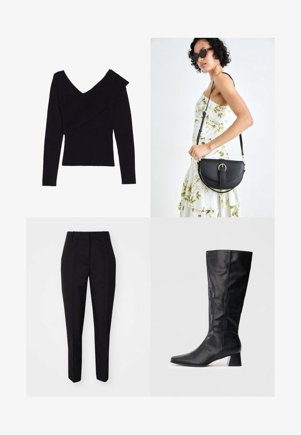 Even&Odd Svetrík - black; Čierne nohavice na mieru s úzkym strihom, bočnými vreckami a hladkou textúrou, navrhnuté s plochým predným dielom a pútkami na opasok.; Čierne kožené čižmy po strednú lýtko s špičatou špičkou a blokovým podpätkom na jednofarebnom svetlom pozadí.; Čierna kožená kabelka s zaobleným tvarom, odnímateľným popruhom a zlatými doplnkami. Kabelka má klopu s detailom s prackou.