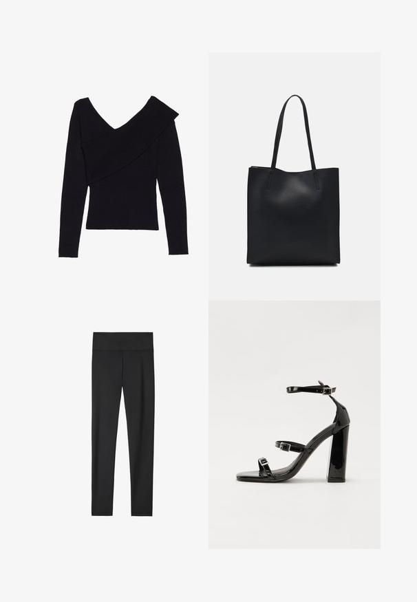 Even&Odd Svetr - black; Černé legíny vyrobené z elasticního materiálu, s vysokým pasem, hladkým povrchem a přiléhavým střihem. Bez viditelných vzorů nebo akcentů.; Černé lakované sandály na podpatku se čtveratou špičkou, lýtkovými pásky a stříbrnými přezkami. Disponují masivním blokovým podpatkem pro stabilitu.; Černá kožená taška přes rameno s hladkým povrchem, obdélníkovým tvarem a dvěma dlouhými uchy. Žádné viditelné kování ani ozdoby.