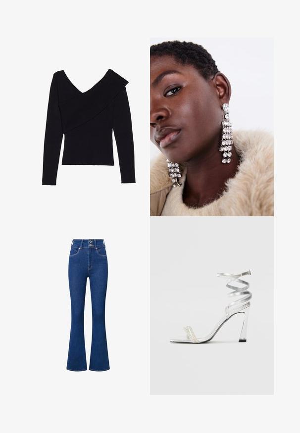 Even&Odd Strikkegenser - black; Høytsittende, utslåtte jeans i mørk blå denim. Har to-knappers lukking, frontlommer og subtile sømdetaljer langs sømmene.; Sølv høyhælte sandaler med et glitrende stroppdesign, som har en perle-lignende akcent og en spiralformet ankelstropp for sikker passform.; Sølv dråpeøreringer med flere klare rhinestones, med et kaskadedesign og teksturerte overflater, satt mot en nøytral bakgrunn.