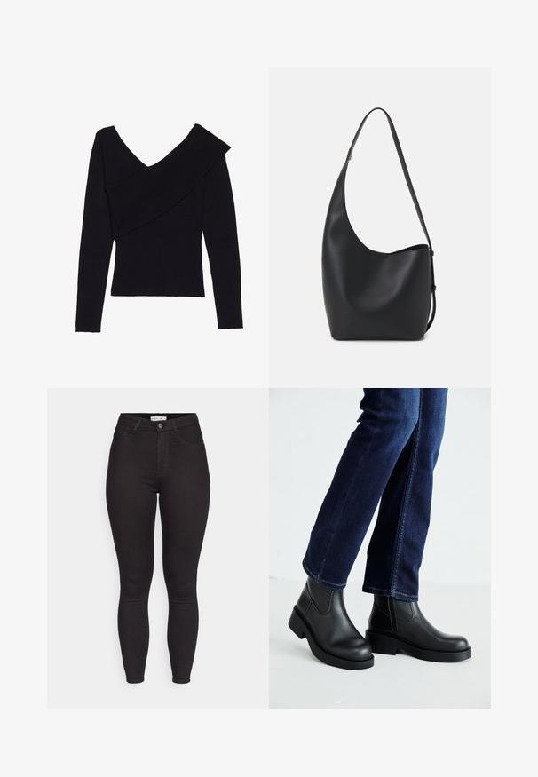 Even&Odd Camisola - black; Jeans skinny de cintura alta pretos com botão frontal e fecho de correr, passantes para cinto e cinco bolsos, exibidos contra um fundo branco.; Botas de tornozelo de couro preto com sola grossa e painéis elásticos laterais, combinadas com jeans azul escuro. O chão é de cor clara.; Saco hobo preto em pele com uma textura lisa, forma curva e uma única alça ajustável; apresenta uma abertura larga na parte de cima.