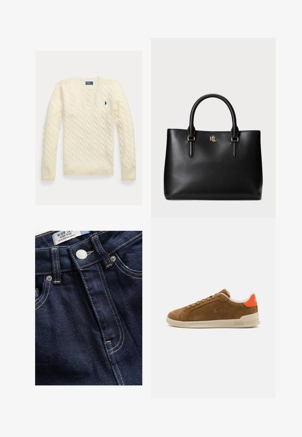 Krémový pulovr s kabelkovým vzorem a výstřihem do V, s žebrovanými manžetami a pasem. Obsahuje malé modré logo na levém hrudníku.; Next WIDE - Wide leg - rinse; Hnědé semišové tenisky s krémovou gumovou podrážkou, vybavené oranžovými akcenty na patě a malým detailem loga na boku.; Černá kožená kabelka se strukturovaným designem, dvojitými uchy a zlatým logem na přední straně. Hladká textura, minimalistický styl.