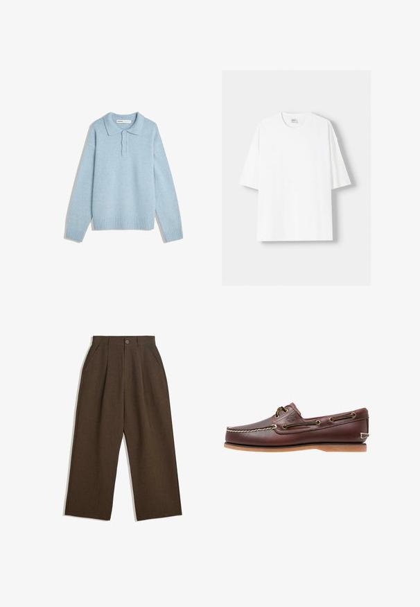 Helles, blau gestricktes Sweatshirt mit einem Kragen-Ausschnitt, dreiknopfiger Verschluss und gerippten Bündchen und Saum. Weiche Textur und lockere Passform.; Weißes kurzärmliges T-Shirt aus Baumwolle mit Rundhalsausschnitt und lockerer Passform. Glatte Textur, ohne sichtbare Muster oder Akzente.; Braune Plisseehosen mit weitem Bein, ausgestattet mit einem Knopfverschluss und seitlichen Taschen, aus strukturiertem Stoff, der sich gut für Freizeitkleidung eignet.; Braune Lederbootsschuhe mit weißen Nähten, braunen Schnürsenkeln und einer sandfarbenen Gummisohle. Mit einem Logo an der Seite und Metallösen für die Schnürsenkel.