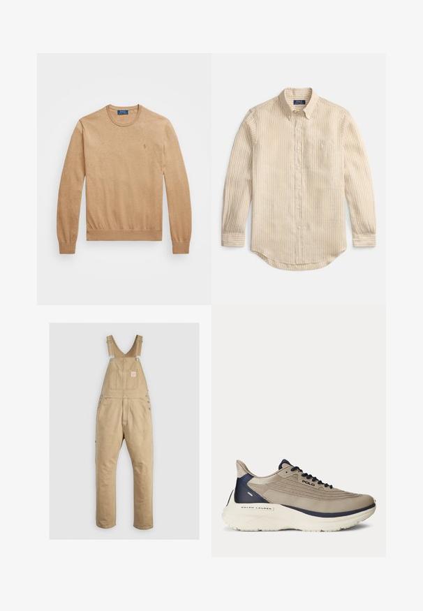 Šviesiai rudos spalvos džemperis su apvalia kaklą iš minkštos megztinės medžiagos. Yra raukšlėti rankogaliai ir apatinė dalis, o krūtinėje mažas siuvinėjimas su logotipu.; Šviesiai ruda ilgarankovė marškiniai su baltomis vertikaliomis juostelėmis, pažeminta apykakle su sagomis, krūtinės kišenėle ir „Polo Ralph Lauren“ etikete ant vidinės apykaklės dalies.; Šviesiai smėliniai medvilniniai kombinezono tipo drabužiai su reguliuojamomis petnešomis, metalinėmis detalėmis, priekinėmis kišenėmis ir sustiprinta siuvimo linija. Lygus paviršius ir laisvas kirpimas.; Šviesiai rudas sportinis batelis su tekstūruota tinklo viršūne, mėlynais akcentais, storu baltu padu ir sudėtingų dizaino detalių. Su raišteliais ir logotipo ženklinimu.