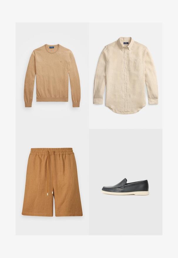 Beżowy sweter z okrągłym dekoltem, wykonany z miękkiej dzianiny. Ma ściągacze przy mankietach i u dołu, a na piersi znajduje się małe haftowane logo.; Beżowa koszula na długi rękaw z pionowymi białymi paskami, kołnierzykiem zapinanym na guziki, kieszenią na piersi oraz metką "Polo Ralph Lauren" wewnątrz kołnierza.; Brązowe lniane szorty z elastycznym pasem, zapięciem na sznurek i luźnym krojem. Charakteryzują się gładką fakturą i przeszytymi brzegami.; Czarne skórzane slip-ony w stylu loafers z teksturowanym wykończeniem i kontrastującą beżową gumową podeszwą. Posiadają delikatny akcent wzdłuż przodu.