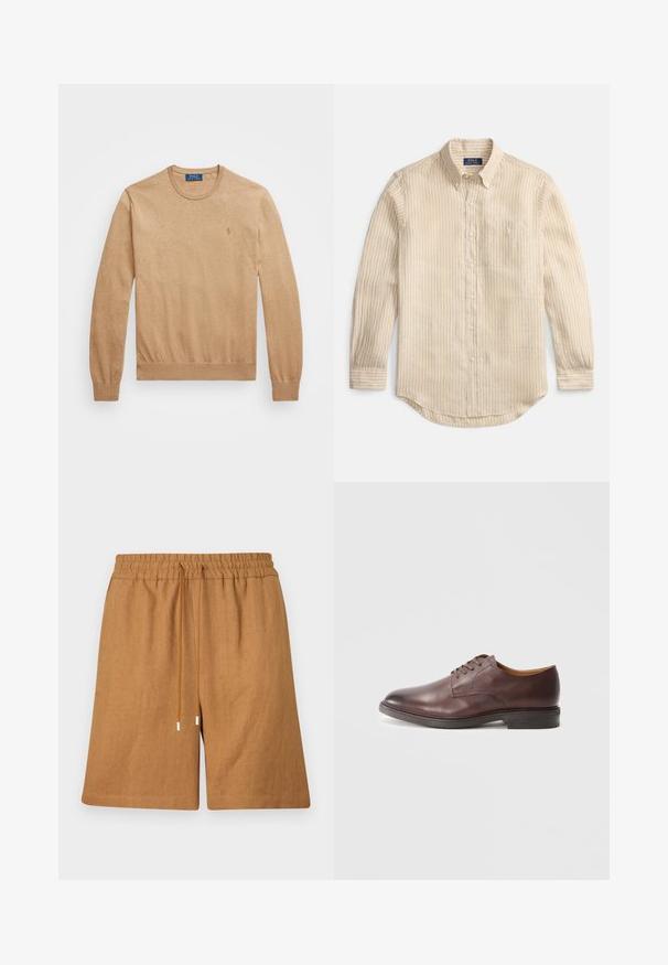 Beżowy sweter z okrągłym dekoltem, wykonany z miękkiej dzianiny. Ma ściągacze przy mankietach i u dołu, a na piersi znajduje się małe haftowane logo.; Beżowa koszula na długi rękaw z pionowymi białymi paskami, kołnierzykiem zapinanym na guziki, kieszenią na piersi oraz metką "Polo Ralph Lauren" wewnątrz kołnierza.; Brązowe lniane szorty z elastycznym pasem, zapięciem na sznurek i luźnym krojem. Charakteryzują się gładką fakturą i przeszytymi brzegami.; Brązowe skórzane buty męskie do garnituru z wzorowanym wykończeniem i słupkowym obcasem na białym tle.