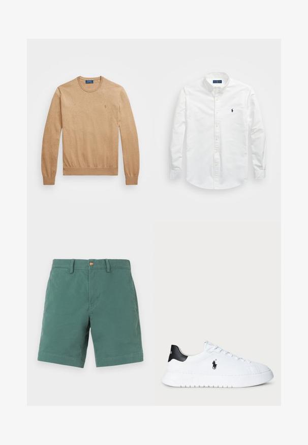 Bēšas krūšu dekoltē džemperis, izgatavots no mīksta adījuma auduma. Iezīmējas ar ribotu piedurkņu un apakšmalu, ar mazu izšūtu logo uz krūšu.; Balts krekls ar pogām, kas izgatavots no kokvilnas. Iezīmēts ar uzgaļa tipa apkakli, garām piedurknēm un mazu tumši zilu logotipu uz krūtīm. Gluda tekstūra.; Zaļi kokvilnas šorti ar taisnu griezumu, ar pogas aizdari un jostas cilpām. Gluda tekstūra, garums līdz ceļiem, bez rakstiem vai akcentiem.; Baltas zems sports apavi ar melnu papēdi un melnu Polo Ralph Lauren logotipu sānos, ar baltām auklām un biezu gumijas zoli.