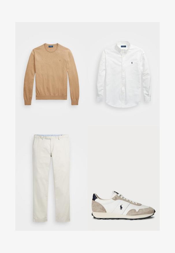 Beige genser med rund hals laget av myk strikket stoff. Har ribbestrikkede mansjetter og kant, med en liten brodert logo på brystet.; Hvit skjorte med knapper laget av bomull. Har spiss krage, lange ermer og en liten marineblå logo på brystet. Glatt tekstur.; Beige bomullskjoler med flat front, beltehemper og sidelommer. Rett ben-design med en glatt tekstur og en lett, pustende følelse.; Hvite og beige semsket skinn sneakers med svart gummisåle og Polo-logo på siden, sett fra utsiden mot en hvit bakgrunn.
