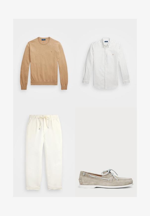 Beige crew neck -paita, joka on valmistettu pehmeästä neulekankaasta. Varustettu ribattuja hihansuita ja helmaa, sekä pieni brodeerattu logo rinnassa.; Valkoinen napillinen paita, jossa on vaaleansinisiä pystysuoria raitoja, pitkät hihat, napitettu kaulus ja pieni brodeerattu logo vasemmassa rinnassa.; Vaalean kermanväriset, rentoihin housut pehmeästä kankaasta. Ominaisuuksia ovat joustava vyötärönyöri, ja kavennetut lahkeet.; Harmaa mokkanahkainen boat shoe, jossa on valkoinen kumipohja, nauhat ja metalliset silmukat; sisältää tikattua yksityiskohtaa ja logon kantapäässä.