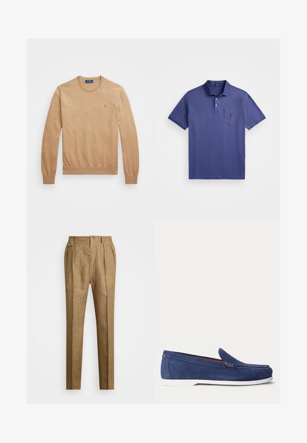 Bēšas krūšu dekoltē džemperis, izgatavots no mīksta adījuma auduma. Iezīmējas ar ribotu piedurkņu un apakšmalu, ar mazu izšūtu logo uz krūšu.; Violeta polo krekls, izgatavots no kokvilnas, ar trīs pogām, īsām piedurknēm un krūšu kabatu ar sarkanu logo izšuvumu.; Brūni raibumi bikses ar struktūrētu piegriezumu, ar uzplecu priekšpusi, divām sānu kabatām un pogu aizdari. Gluda tekstūra ar pielāgotu dizainu.; Tumši zili zamšādas mokasīni ar baltu gumijas zolīti, kontrastējošām šuvēm un slidens dizains. Sānos redzams neliels zelta toņa akcentu elements.