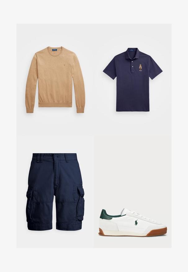 Bēšas krūšu dekoltē džemperis, izgatavots no mīksta adījuma auduma. Iezīmējas ar ribotu piedurkņu un apakšmalu, ar mazu izšūtu logo uz krūšu.; Polo Ralph Lauren CUSTOM SLIM POLO BEAR MESH POLO SHIRT - Polo krekls - faded blue bear; Tumši zilas kravnesības šorti no izturīga auduma, ar sānu kabatām, pogas aizdari un šūtiem dekoratīviem elementiem tekstūrai.; Baltas sporta apavi ar zaļiem ādas akcentiem un brūnu gumijas zoli. Iezīmēts ar auduma virsmu un izteiktu logotipu sānos. Ar auklām.