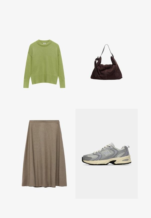 Grönstickad tröja med rundad halsringning, sänkta axlar och ribbad nederkant. Mjukt tyg och avslappnad passform.; En knälång, A-linjeformad kjol i en texturerad brun tyg med ett subtilt rutmönster, som har en slät midja och draperad silhuett.; Grå mesh träningsskor med en krämfärgad sula, med en vadderad krage, vita snören och en diskret logotyp på sidan. Accentuerad med ljus lila.; Mörkbrun mocka hobo axelväska med bred justerbar läderrem och mjuk, slapp design på vit bakgrund.