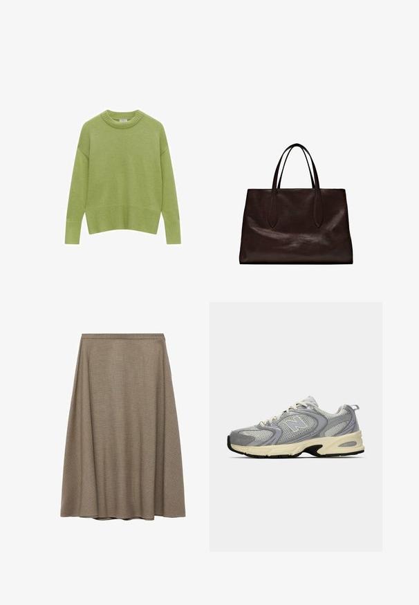 Zielony sweter z dzianiny o okrągłym dekolcie, opuszczonych ramionach i prążkowanym wykończeniu. Miękka faktura i luźny krój.; Spódnica w kształcie litery A o długości do kolan, wykonana z teksturowanej brązowej tkaniny z delikatnym wzorem w kratkę, z gładkim pasem w talii i eleganckim krojem.; Szare siatkowe buty sportowe z kremową podeszwą, z wyściełanym kołnierzem, białymi sznurówkami i subtelnym logo z boku. Akcentowane jasnofioletowym kolorem.; Massimo Dutti - Torebka