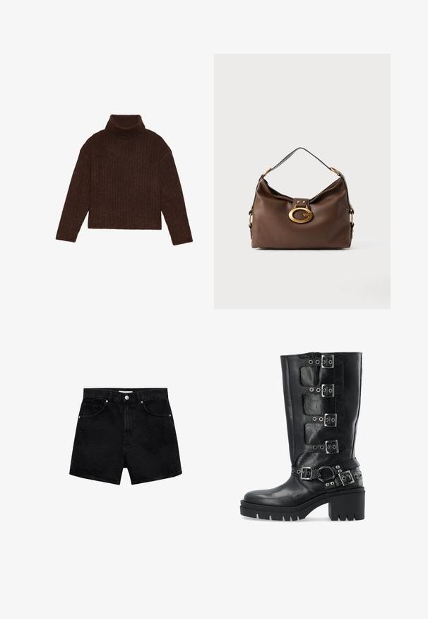 Brązowy prążkowany sweter z golfem, z długimi rękawami i skróconym krojem, z grubej, fakturowanej dzianiny.; Burgundowa koszula z długim rękawem, z wyłogowym kołnierzykiem, z przodu zapinana na guziki i luźna. Wykonana z gładkiego materiału o minimalistycznym wzorze.; Czarne dżinsowe szorty z wysokim stanem, pięcioma kieszeniami i zapięciem na srebrny guzik. Charakteryzują się gładką fakturą i dopasowanym krojem.; Czarne skórzane buty za kolano z czterema srebrnymi klamrami, grubą platformą i ćwiekowanymi akcentami wokół kostki.; Brązowa skórzana torebka o teksturowanym wykończeniu, z zapięciem w kolorze złota i pojedynczym, zakrzywionym paskiem na ramię.