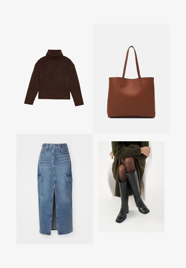Brown ribbed turtleneck sweater with long sleeves and a cropped silhouette, featuring a thick, textured knit design.; Denim midi skirt in light blue. Features a front slit, two side cargo pockets, and a traditional button closure at the waist. Smooth texture.; Knee-high black leather boots with a squared toe and block heel, shown with a model seated in an olive green coat. Smooth texture, minimal detailing.; Brown leather tote bag with a smooth texture, open top design, and two shoulder straps. Features minimal stitching and no visible hardware.