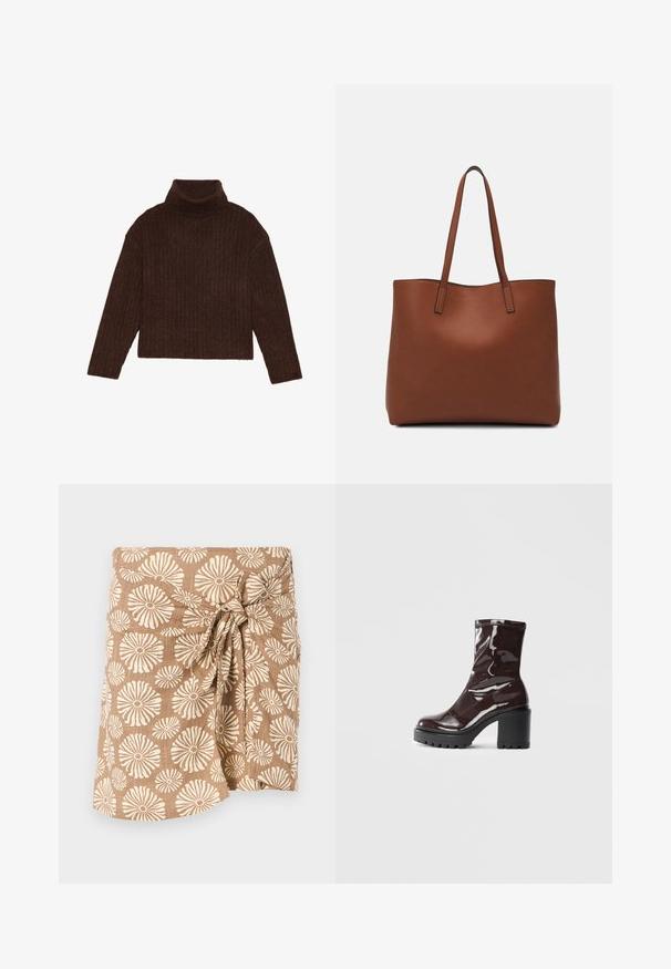Καφέ ριγωτό σακάκι τύπου φόρεμα με μακριά μανίκια και κοντή σιλουέτα, διαθέτοντας ένα παχύ, υφασμένο σχέδιο.; Καφέ τύπωμα φούστα τύπου περιτυλίγματος με μεγάλα κρεμ λουλούδια, δεμένη στη μέση με κόμπο, φτιαγμένη από ελαφρύ ύφασμα.; Γυαλιστερό μποτάκι σε μπορντώ απόχρωση μέχρι τον αστράγαλο με χοντρό μαύρο τακούνι, χαρακτηρισμένο από λεία υφή και απλό σχέδιο. Χωρίς ορατούς κλειδώματος ή μοτίβα.; Καφέ δερμάτινη τσάντα tote με λεία υφή, ανοιχτό σχέδιο και δύο λουριά ώμου. Διαθέτει ελάχιστη ραφή και χωρίς ορατά μεταλλικά εξαρτήματα.