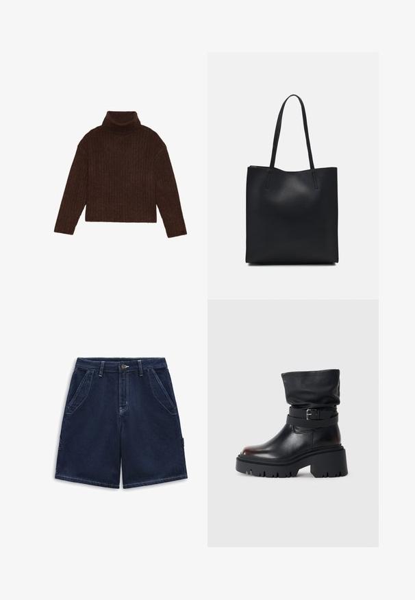Jersey marrón con cuello alto de canalé, de mangas largas y silueta cortada, que presenta un diseño de punto grueso y texturizado.; Vans GROUNDWORK - Shorts vaqueros - dark denim; Botín negro de cuero hasta el tobillo con un diseño arrugado en la parte superior, detalle de hebilla y suela gruesa y resistente. Presenta una puntera redonda y una textura suave.; Bolso tote de cuero negro con textura lisa, forma rectangular y dos asas largas. Sin herrajes ni adornos visibles.
