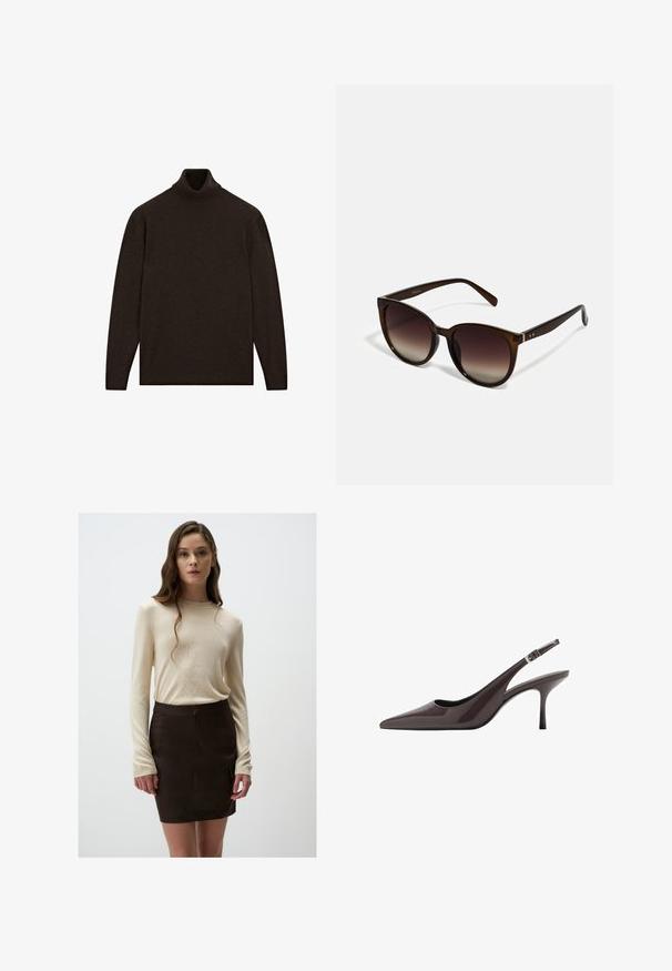 Donkerbruine lange mouwen turtleneck trui met een eenvoudig ontwerp en geribde mouwen en onderrand, plat getoond op een witte achtergrond.; Beige langwerpige trui met lange mouwen, gecombineerd met een aansluitende bruine minirok. De trui heeft een geribbelde textuur en de rok heeft zakken aan de voorkant.; Puntige slingback hakken in donkerbruin lakleer, met een slanke hoge hak en een verstelbare enkelband met een gesp.; Bruine gradient zonnebril met oversized ronde lenzen, glanzende schildpadachtige frames en slanke armen met subtiele metalen accenten.; Zwarte leren tote bag met een zachte, slappe vormgeving, brede hengsels en een gladde textuur. Geen zichtbare hardware of versieringen.