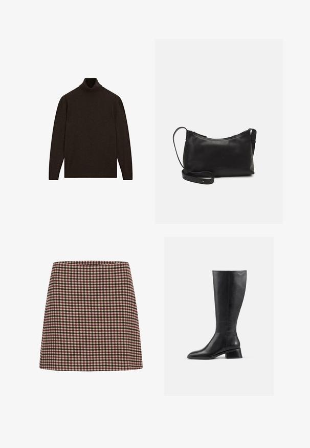 Donkerbruine lange mouwen turtleneck trui met een eenvoudig ontwerp en geribde mouwen en onderrand, plat getoond op een witte achtergrond.; Een roodgekruist mini-jurk met een rechte snit en een gestructureerde stof. Geen zichtbare sluitingen of versieringen.; Zwarte leren laars tot de knie met een ronde neus en een lage blokhak. Heeft een gladde textuur en minimale stikdetails.; Zwarte leren schoudertas met een gladde textuur, gebogen vorm, verstelbare schouderband en een ritsafsluiting. Minimalistisch ontwerp zonder versieringen.