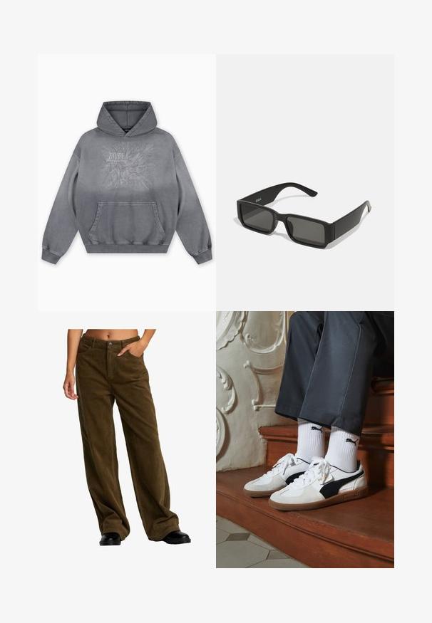 Harmaa hupullinen collegepaita, jossa on tekstuuri- ja painatuskuvio, jossa lukee "FAVELA Worldwide" ja kotka-aiheinen kuvio, edessä kengurutasku ja resorit hihansuissa.; Henkilö, jolla on päällään löysät ruskeat kordaattihousut, kädet Taskuissa ja mustat kengät, kuvattu vyötäröstä alaspäin valkoista taustaa vasten.; Puma-tenniset valkoisesta ja mustasta mokasta, joissa on ruskea kumipohja. Yhdistetty valkoisten sukkien kanssa, joissa on musta logo, tummien housujen kanssa.; Musta aurinkolasit suorakulmaisine linsseineen, matasta muovista valmistettu kehys ja suorat reunat. Sisähaara on varustettu merkkilogolla.