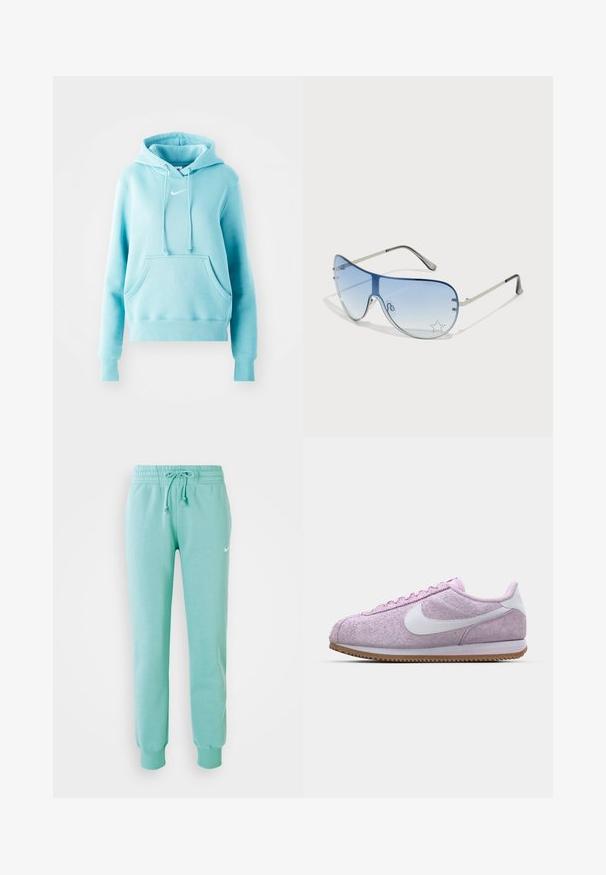 Ανοιχτό μπλε Nike φούτερ με τσέπη καγκουρό στο μπροστινό μέρος, κορδόνια στην κουκούλα και λευκό λογότυπο swoosh στο στήθος. Μαλακό, από μείγμα βαμβακιού.; Μιντ πράσινες φόρμες με ελαστική μέση, κορδόνι και ριμπ μανσέτες. Διαθέτουν ένα μικρό λευκό λογότυπο Nike στον αριστερό μηρό.; Ροζ σουέτ αθλητικά παπούτσια με λευκό λογότυπο και λεπτομέρειες, διαθέτουν υφασμάτινη επιφάνεια, στρογγυλή μύτη και εξωτερική σόλα από καουτσούκ γάλακτος.; Γυαλιά ηλίου aviator με γκριδενά μπλε φακούς, ασημένιο μεταλλικό σκελετό και διακοσμητικά αστέρια στους φακούς. Λείος και κομψός σχεδιασμός.