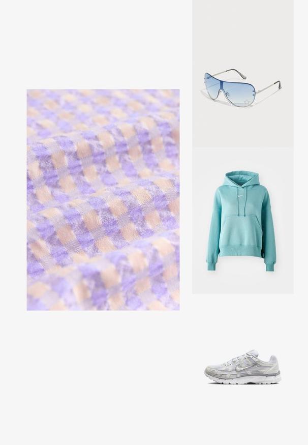 Mėlynas su kapuche sportinis megztinis su kengūros kišene, gumuotais rankovėmis ir apvadu. Priekyje yra mažas baltas Nike logotipas.; Šviesiai purpurinė ir smėlinė langeliais audinys su minkšta tekstūra, turinti mažus kvadratus, išdėstytus reguliaria tvarka.; Šviesiai pilki sportiniai batai su tinkline ir sintetine viršutine dalimi, turintys raištelių užsegimą, paminkštintą apykaklę ir tekstūruotą padą geresnei sukibimo kokybei.; Aviatoriai akiniai su gradientiniais mėlynais objektyvais, sidabriniu metaliniu rėmu ir dekoratyvinėmis žvaigždžių akcentais ant objektyvų. Lygaus ir stilingo dizaino.